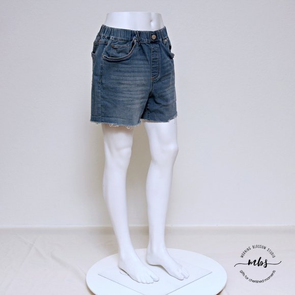 Blank NYC Elastic Waistband High Rise Distressed Frayed Hem Denim Shorts